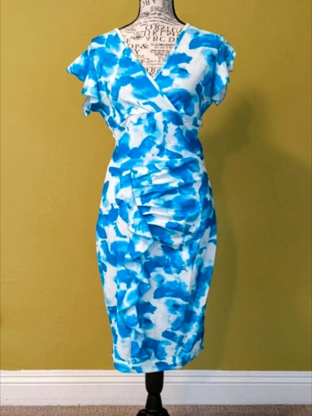 Women's Blue and White Watercolor Wrap Dress